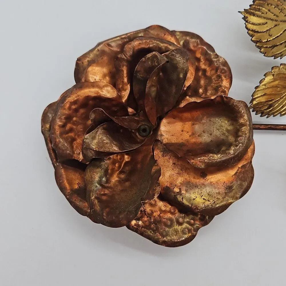 Gold Tone Brass & Copper Flower Roses Leaf Metal Wall Hanging Decor Set